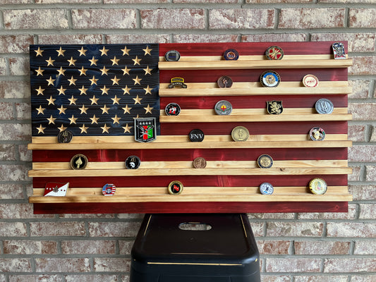 Challenge Coin Holder American Flag | Handmade Wooden Display for Military, Police, and First Responders