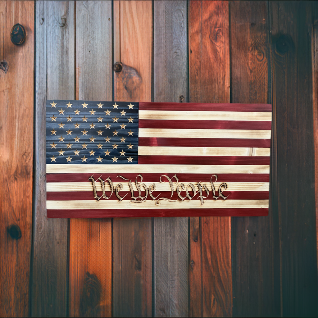 Handmade Wooden American Flag Engraved with 